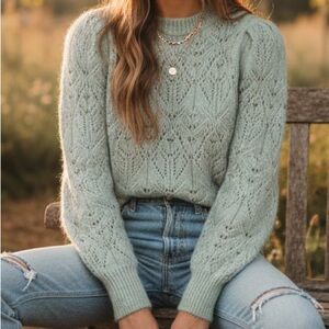 Boho Pointelle ASTR THE LABEL Green Wool Blend Puff Sleeve Sweater L Large